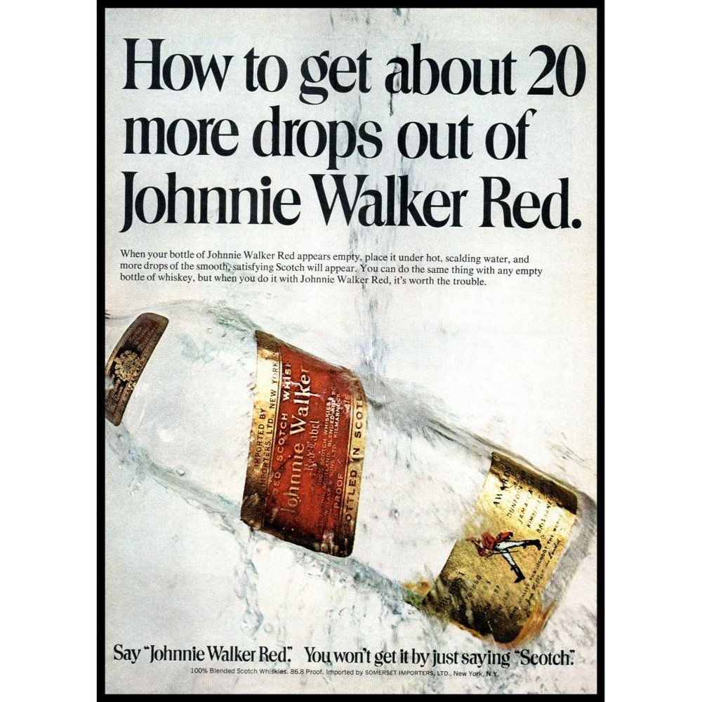 1974 Johnnie Walker Red Label Scotch Vintage Print Ad Hot Water Splash Wall Art